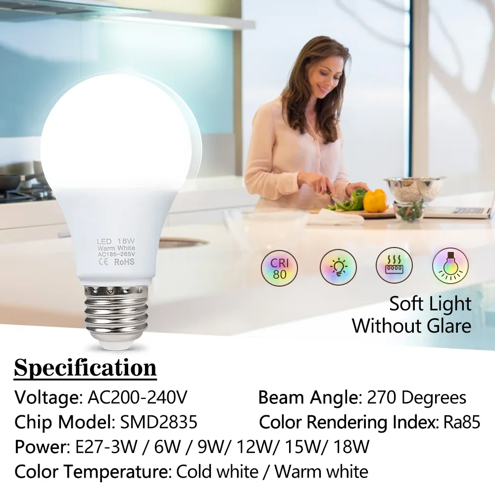 Ampoules LED E27 de 3 W à 18 W, 220-240 V, circuit intégré intelligent, haute luminosité, Illa 6