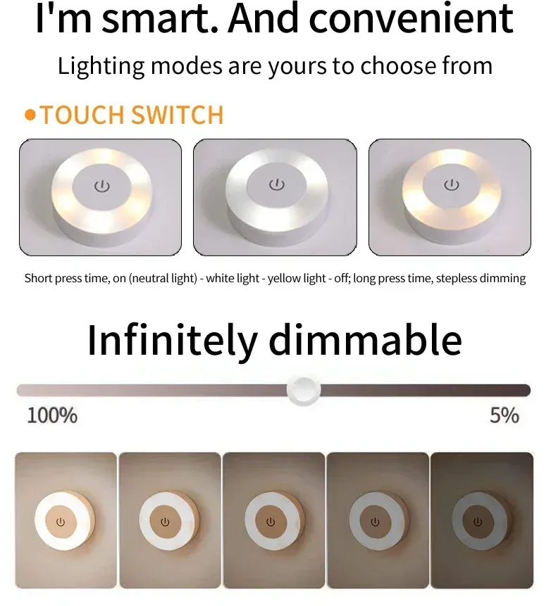 Lampe murale LED ronde rechargeable à interrupteur tactile, veilleuse magnétique à intensité variable pour la lecture 2