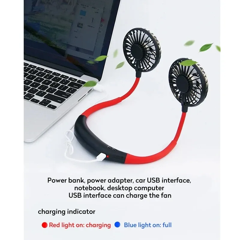 Mini ventilateur de sport portable, mains libres, à suspendre, rechargeable par USB, 3 vitesses, orientable, pour le bureau et la maison 6