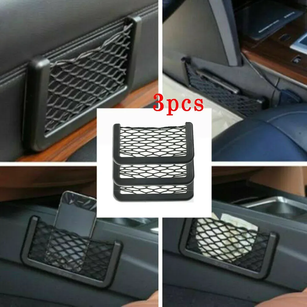 Sacs filet de rangement pour voiture, lot de 3, poches en maille, filet de rangement universel pour siège auto, sac de rangement latéral et arrière, support pour téléphone, organiseur de poche 2