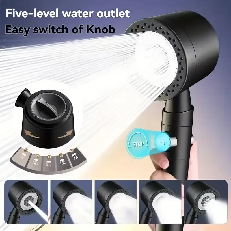 Pommeau de douche filtrant haute pression à 5 modes, économe en eau, avec douchette et bouton d'arrêt 2