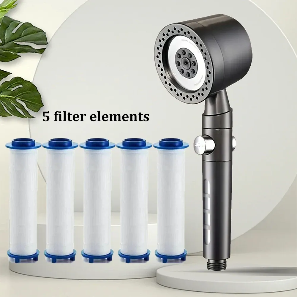 Pommeau de douche filtrant haute pression à 5 modes, économe en eau, avec douchette et bouton d'arrêt 7