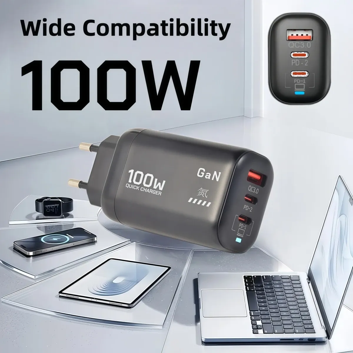Chargeur GaN USB-C 100 W PD et QC 3.0 avec PPS, charge rapide pour ordinateur portable, iPad et smartphone 1