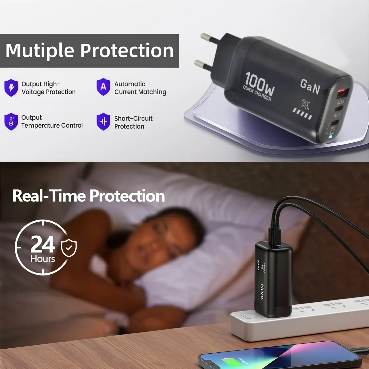 Chargeur GaN USB-C 100 W PD et QC 3.0 avec PPS, charge rapide pour ordinateur portable, iPad et smartphone 4