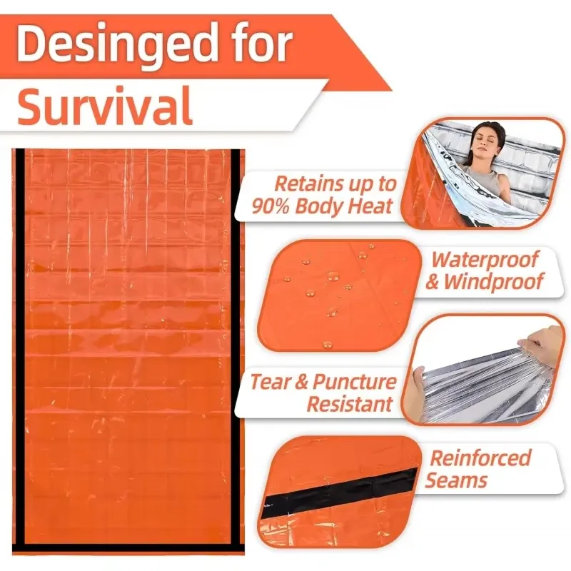Sac de couchage d'urgence en Mylar thermique, couverture de survie : bivouac léger, imperméable et portable pour le camping et la randonnée 4