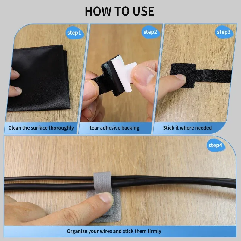 Attaches de câble auto-adhésives réutilisables à crochet et boucle, sangles d'organisation de cordons réglables pour la gestion des câbles au bureau et à la maison 6