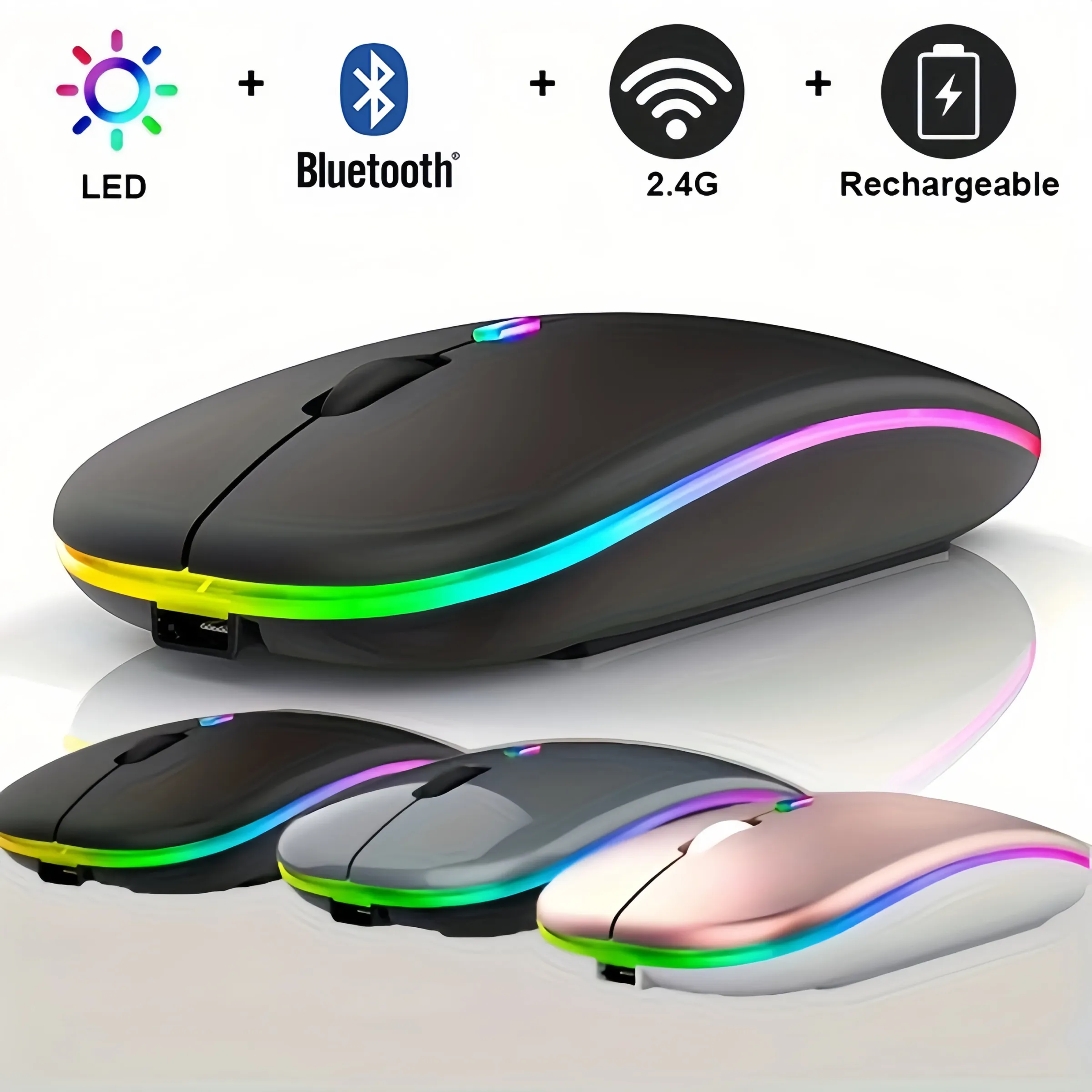 Souris sans fil Bluetooth et 2,4 GHz, double mode, rechargeable, RVB, ergonomique, clics silencieux, pour PC, iPad, ordinateur portable, téléphone portable, TV