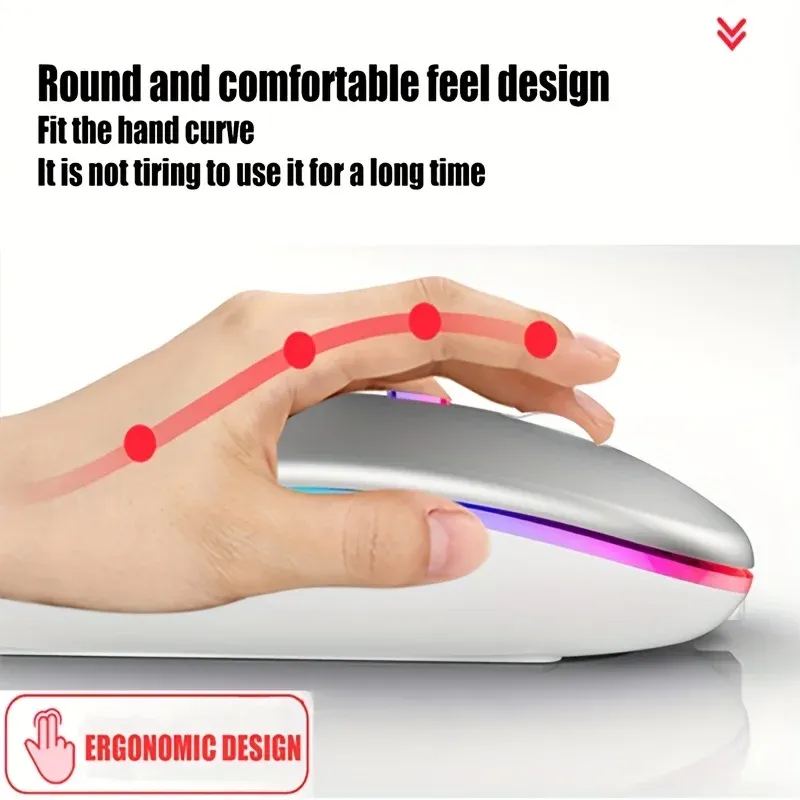 Souris sans fil Bluetooth et 2,4 GHz, double mode, rechargeable, RVB, ergonomique, clics silencieux, pour PC, iPad, ordinateur portable, téléphone portable, TV 4