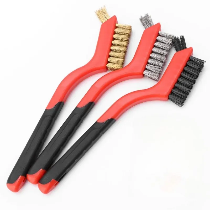 Jeu de brosses métalliques à poils en nylon, laiton et acier inoxydable avec poignée incurvée pour le décapage de la rouille, de la saleté et de la peinture 2
