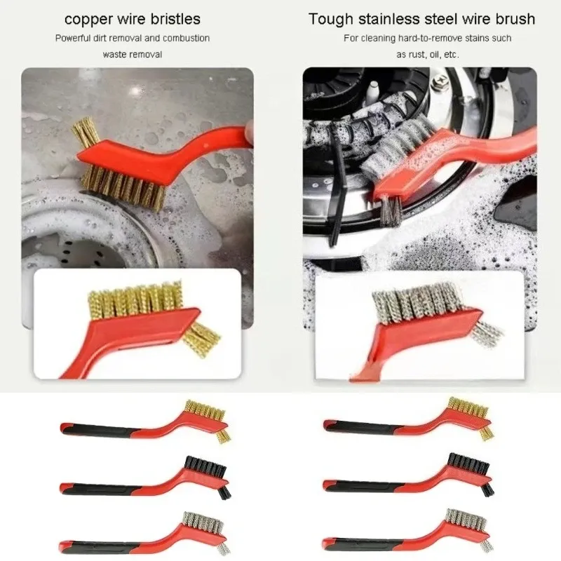Jeu de brosses métalliques à poils en nylon, laiton et acier inoxydable avec poignée incurvée pour le décapage de la rouille, de la saleté et de la peinture 4