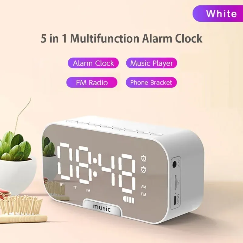 Haut-parleur Bluetooth à écran miroir LED avec réveil numérique double, radio FM, support de téléphone et affichage de la température pour chambre et bureau