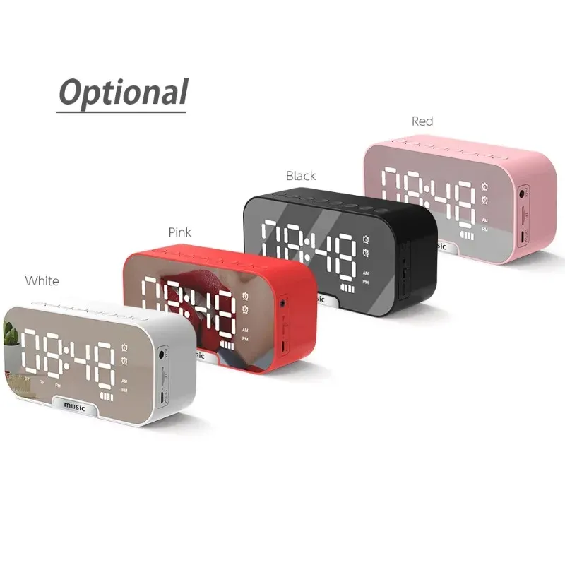 Haut-parleur Bluetooth à écran miroir LED avec réveil numérique double, radio FM, support de téléphone et affichage de la température pour chambre et bureau 3
