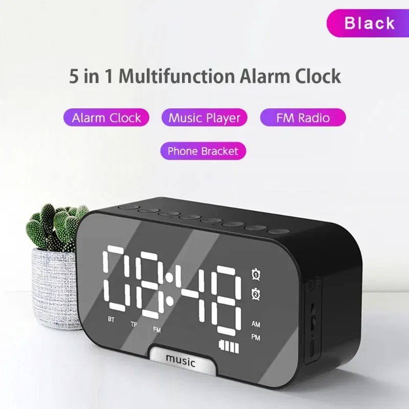 Haut-parleur Bluetooth à écran miroir LED avec réveil numérique double, radio FM, support de téléphone et affichage de la température pour chambre et bureau 2