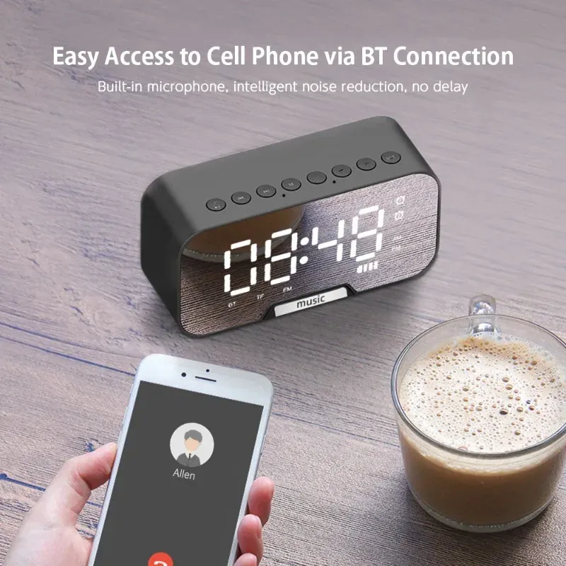 Haut-parleur Bluetooth à écran miroir LED avec réveil numérique double, radio FM, support de téléphone et affichage de la température pour chambre et bureau 4