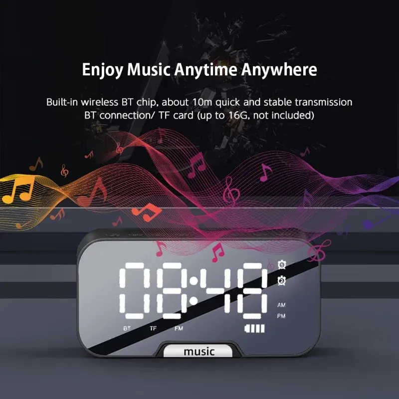 Haut-parleur Bluetooth à écran miroir LED avec réveil numérique double, radio FM, support de téléphone et affichage de la température pour chambre et bureau 5