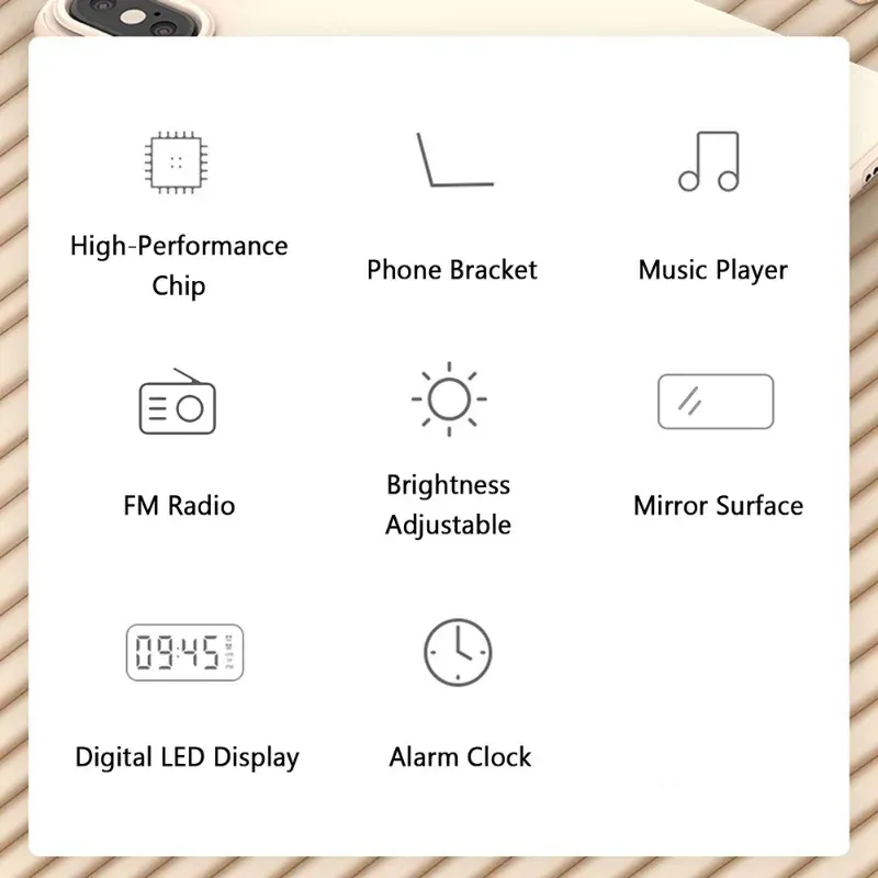 Haut-parleur Bluetooth à écran miroir LED avec réveil numérique double, radio FM, support de téléphone et affichage de la température pour chambre et bureau 6