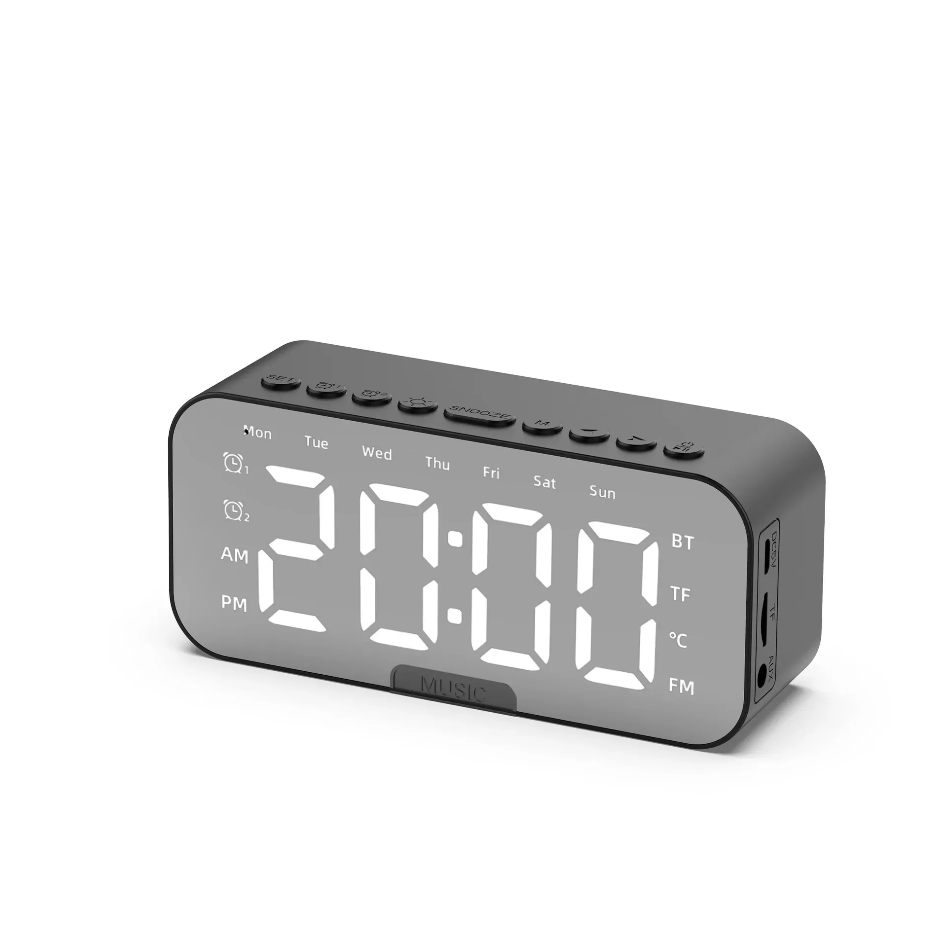 Haut-parleur Bluetooth à écran miroir LED avec réveil numérique double, radio FM, support de téléphone et affichage de la température pour chambre et bureau 8