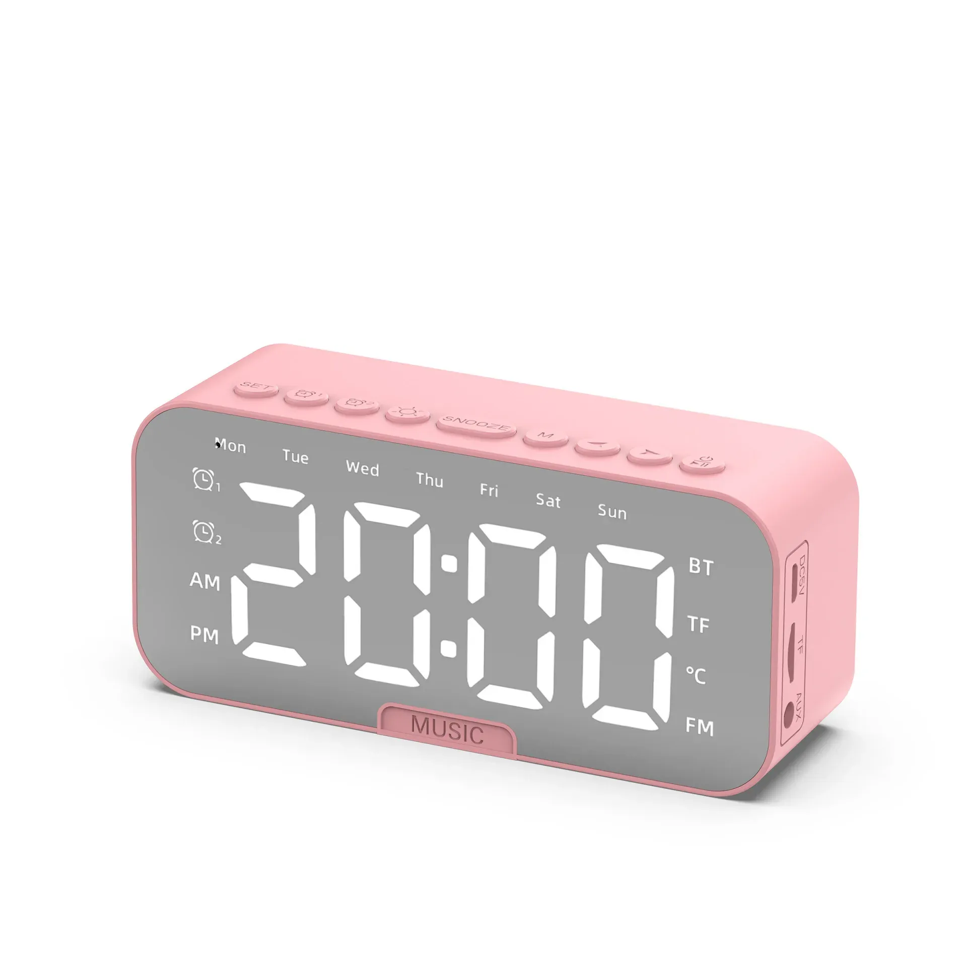 Haut-parleur Bluetooth à écran miroir LED avec réveil numérique double, radio FM, support de téléphone et affichage de la température pour chambre et bureau 7