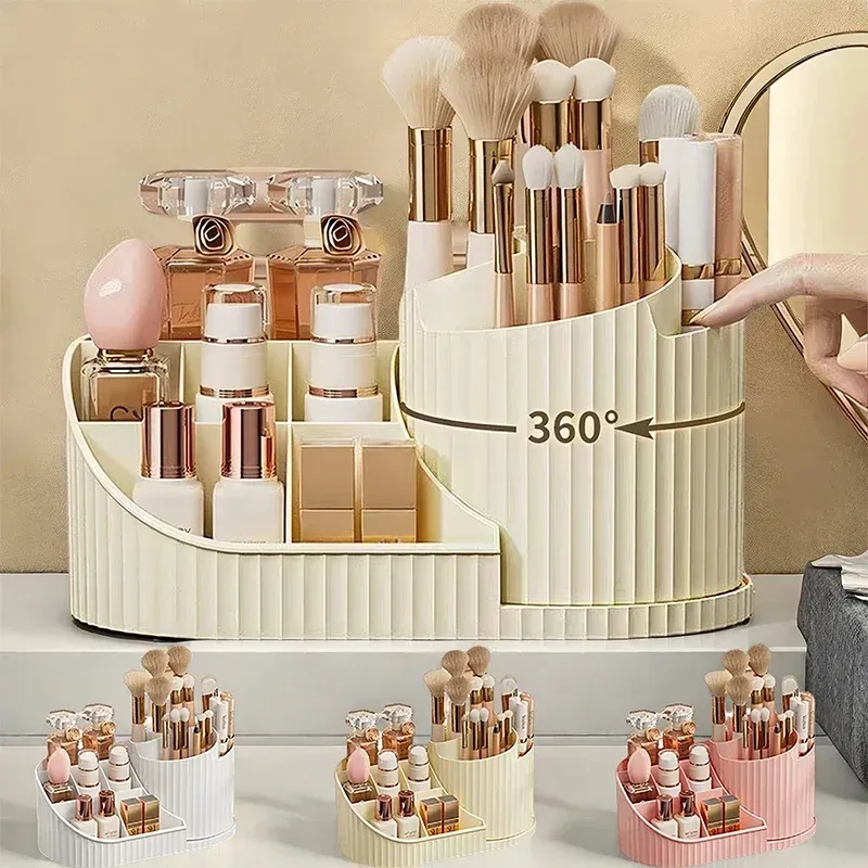 Organisateur de maquillage rotatif à 360 ° avec porte-pinceaux, grand rangement cosmétique pivotant pour soins de la peau, parfums et lotions - Image 1
