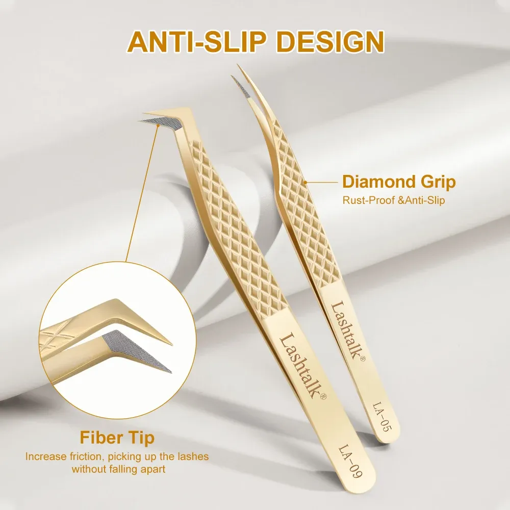 Lashtalk – Pince à épiler de précision à pointe en fibre pour extensions de cils, poignée diamant antidérapante, acier inoxydable doré avec étui 2