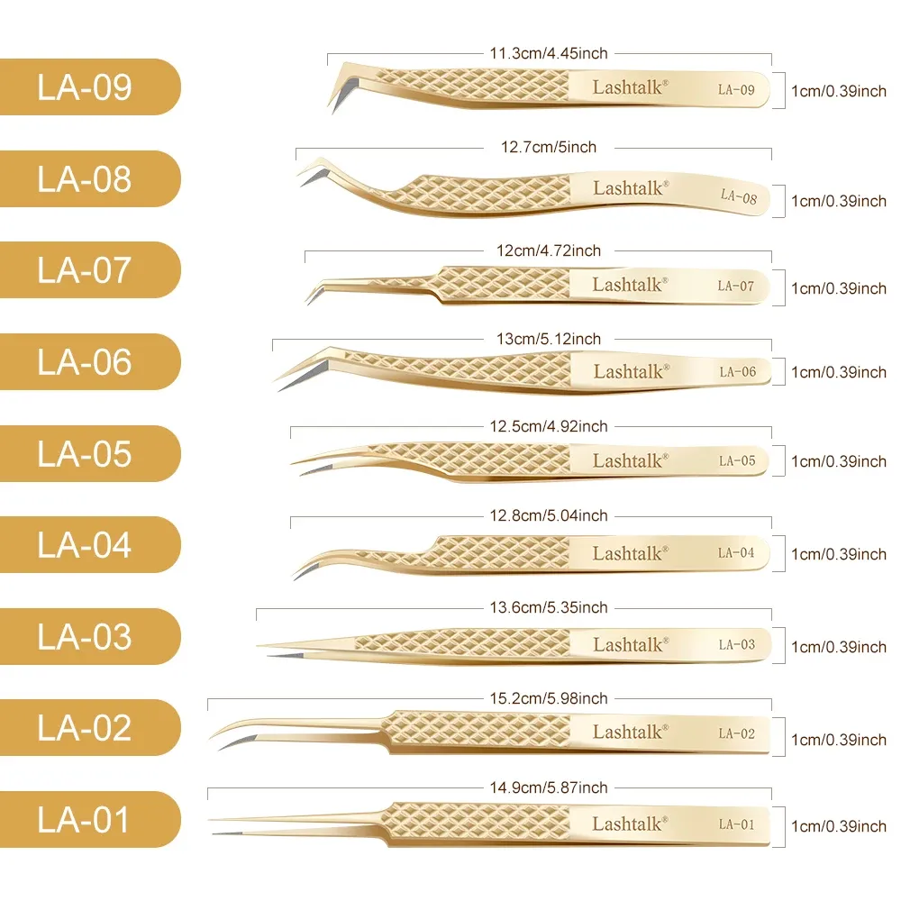 Lashtalk – Pince à épiler de précision à pointe en fibre pour extensions de cils, poignée diamant antidérapante, acier inoxydable doré avec étui 6