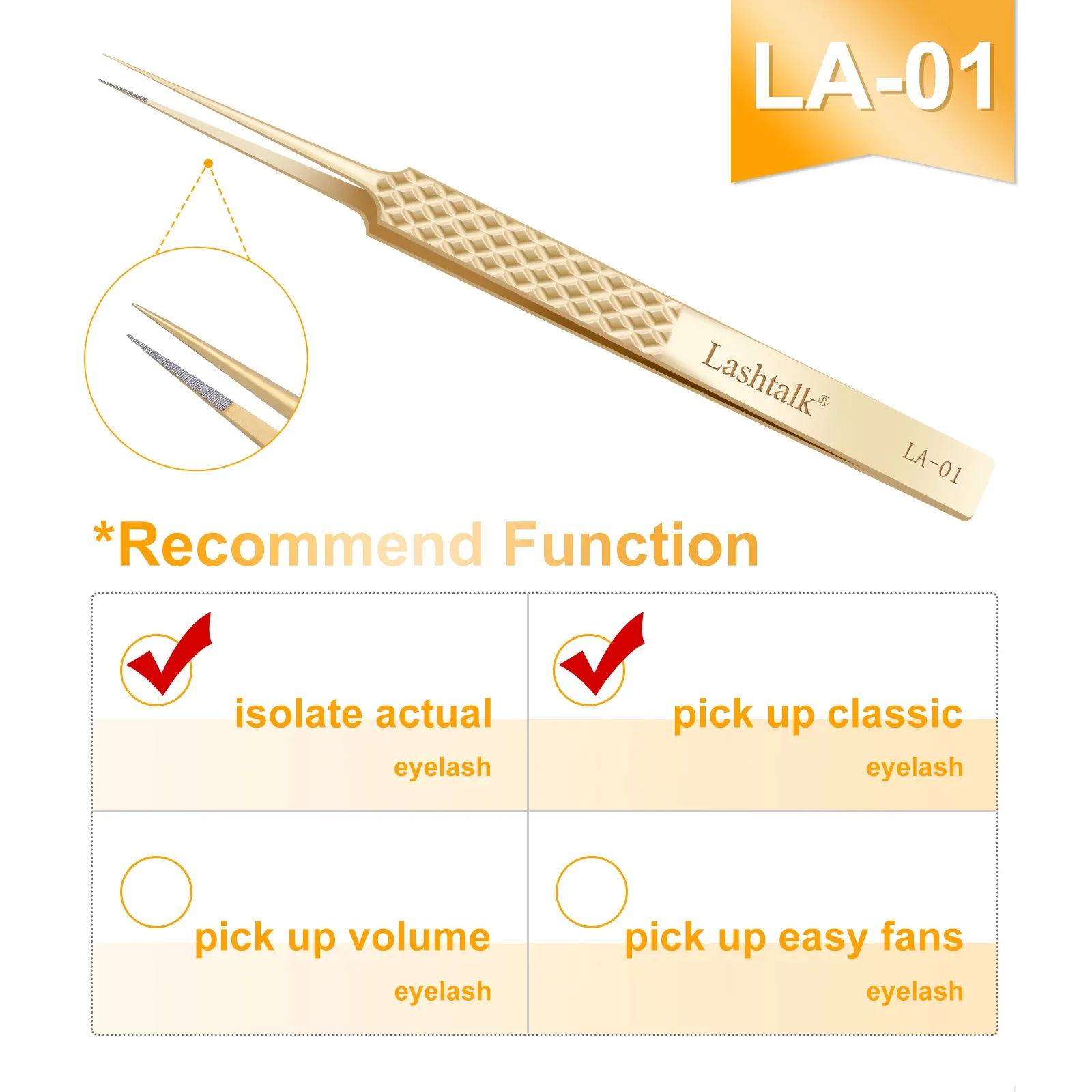 Lashtalk – Pince à épiler de précision à pointe en fibre pour extensions de cils, poignée diamant antidérapante, acier inoxydable doré avec étui 15