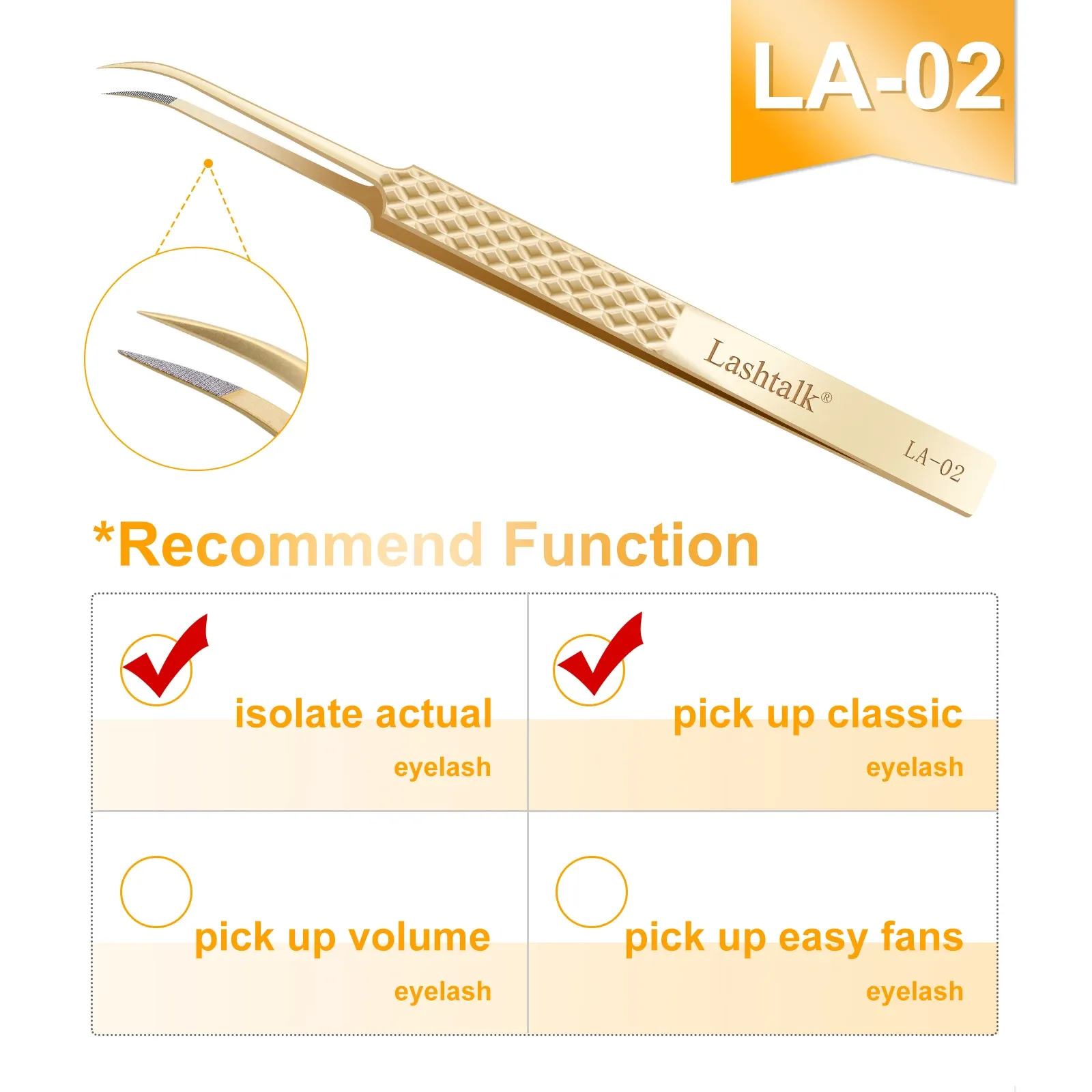 Lashtalk – Pince à épiler de précision à pointe en fibre pour extensions de cils, poignée diamant antidérapante, acier inoxydable doré avec étui 14