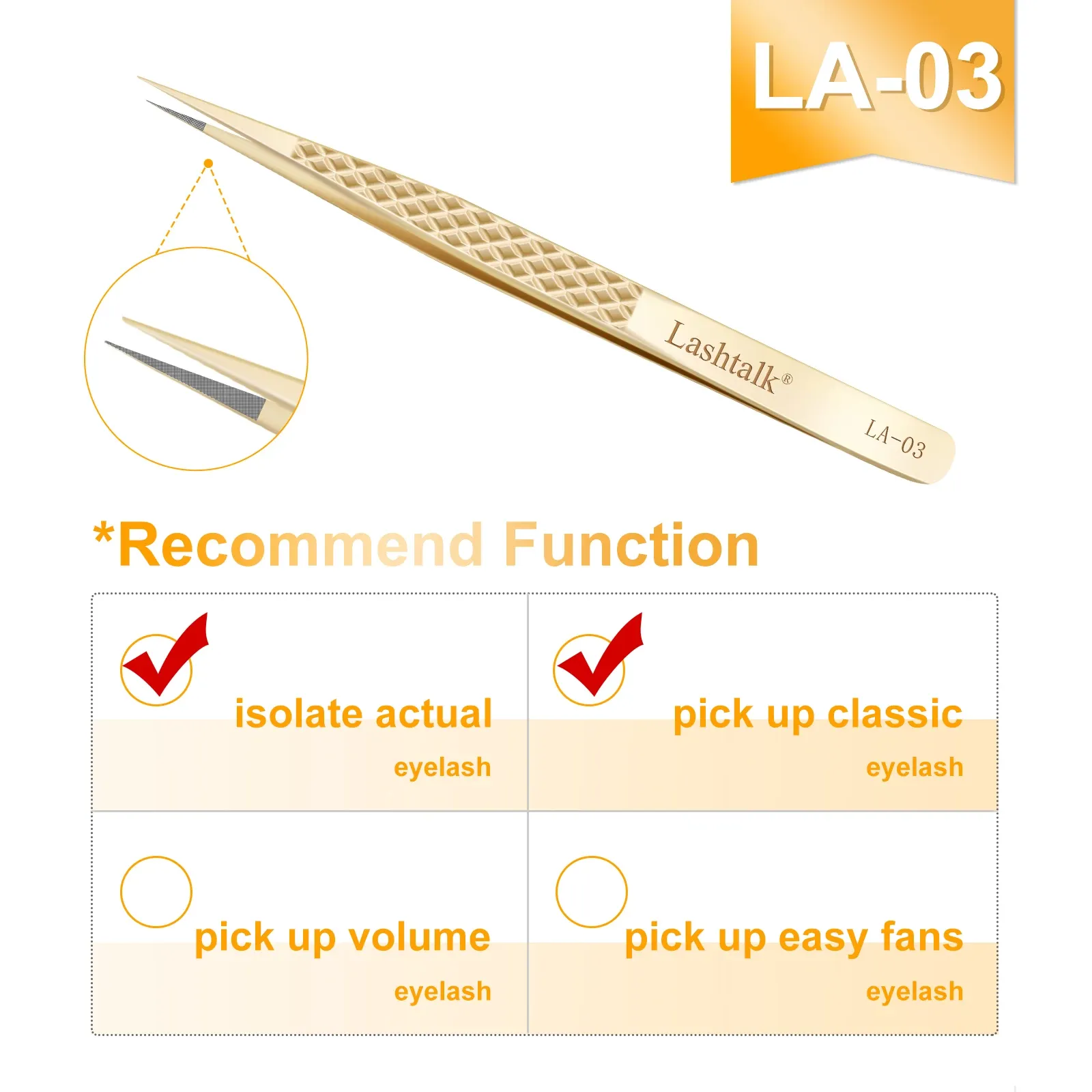 Lashtalk – Pince à épiler de précision à pointe en fibre pour extensions de cils, poignée diamant antidérapante, acier inoxydable doré avec étui 8