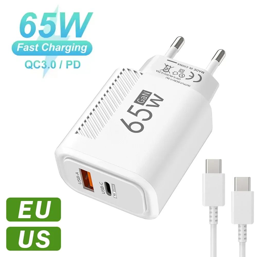 Chargeur USB-C 65 W GaN à charge rapide PD, adaptateur mural pour téléphone portable compatible iPhone 16, Xiaomi et Samsung, avec prise en charge QC 3.0