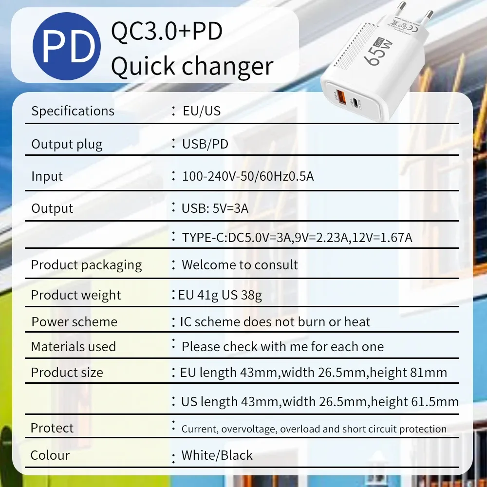 Chargeur USB-C 65 W GaN à charge rapide PD, adaptateur mural pour téléphone portable compatible iPhone 16, Xiaomi et Samsung, avec prise en charge QC 3.0 6