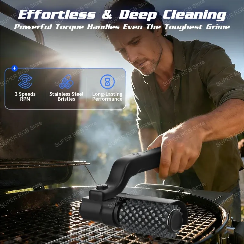 Brosse de nettoyage électrique pour barbecue, brosse rotative sans fil en acier inoxydable pour gril extérieur - Image 1