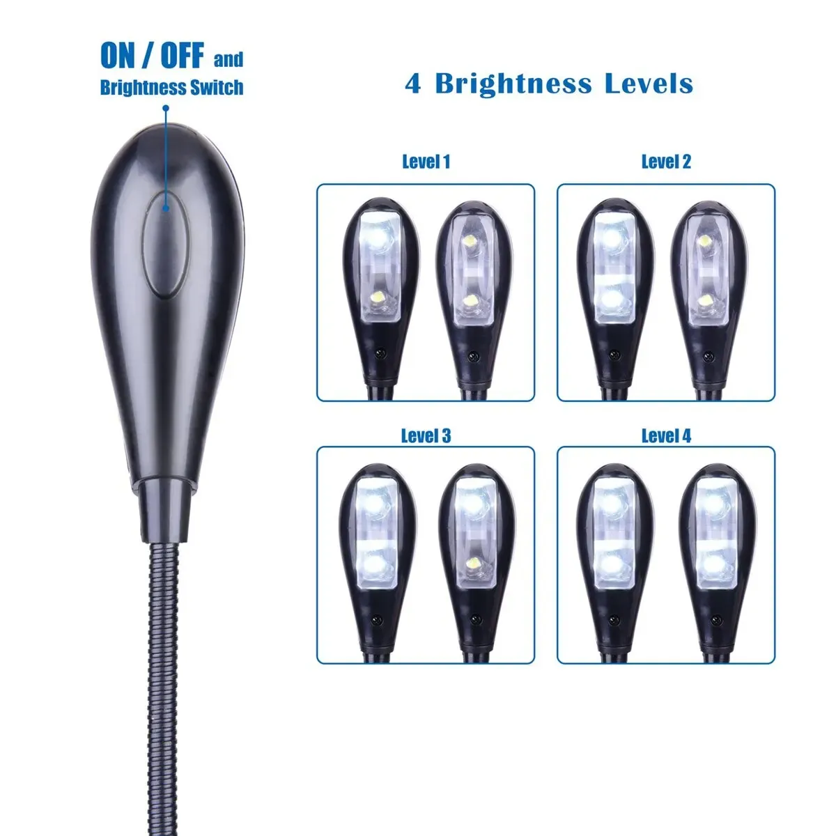 Lampe LED à pince pour pupitre de musique, alimentation par piles AAA ou USB, 4 niveaux de luminosité, idéale pour la création 6