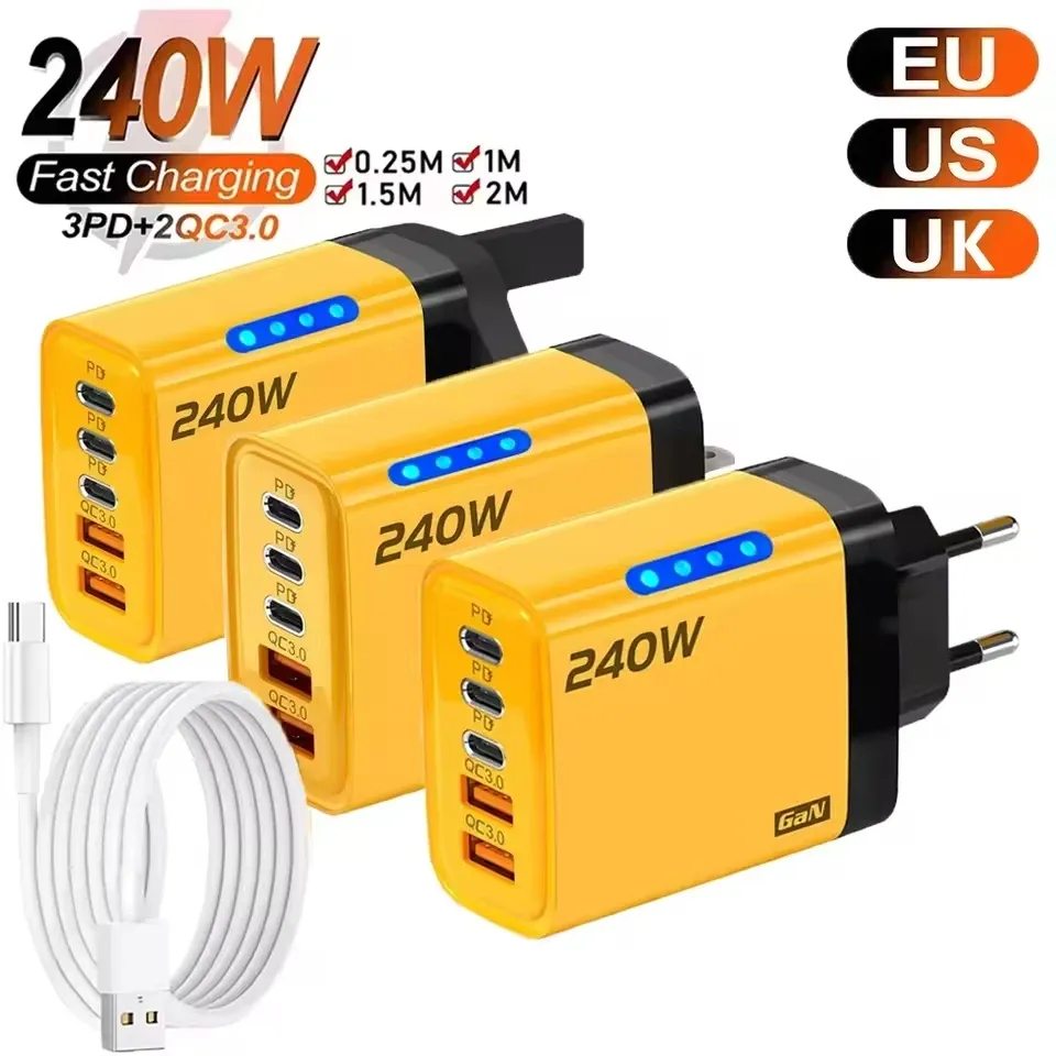 Chargeur rapide GaN 240 W à 5 ports, PD et Charge rapide 3.0, 2 ports USB et 3 ports USB-C, compatible iPhone 15/16/17, Samsung, Xiaomi, Huawei et tablettes, prise UE/US/UK