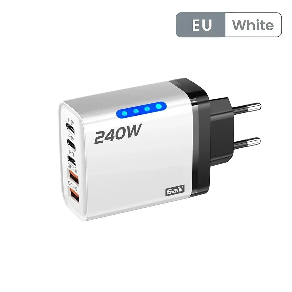 Chargeur rapide GaN 240 W à 5 ports, PD et Charge rapide 3.0, 2 ports USB et 3 ports USB-C, compatible iPhone 15/16/17, Samsung, Xiaomi, Huawei et tablettes, prise UE/US/UK 15