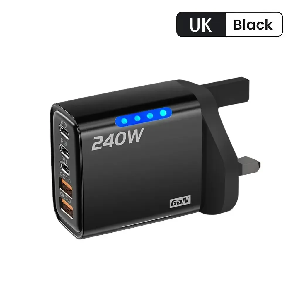 Chargeur rapide GaN 240 W à 5 ports, PD et Charge rapide 3.0, 2 ports USB et 3 ports USB-C, compatible iPhone 15/16/17, Samsung, Xiaomi, Huawei et tablettes, prise UE/US/UK 8