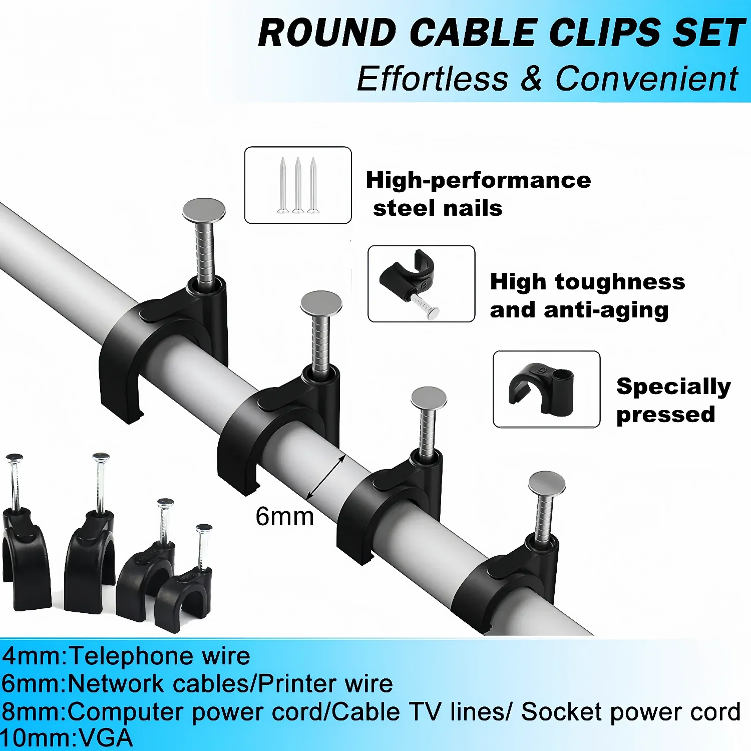 100 serre-câbles à clouer, clips muraux ronds noirs pour câbles Ethernet, clips pour câbles coaxiaux et câbles de haut-parleurs 4