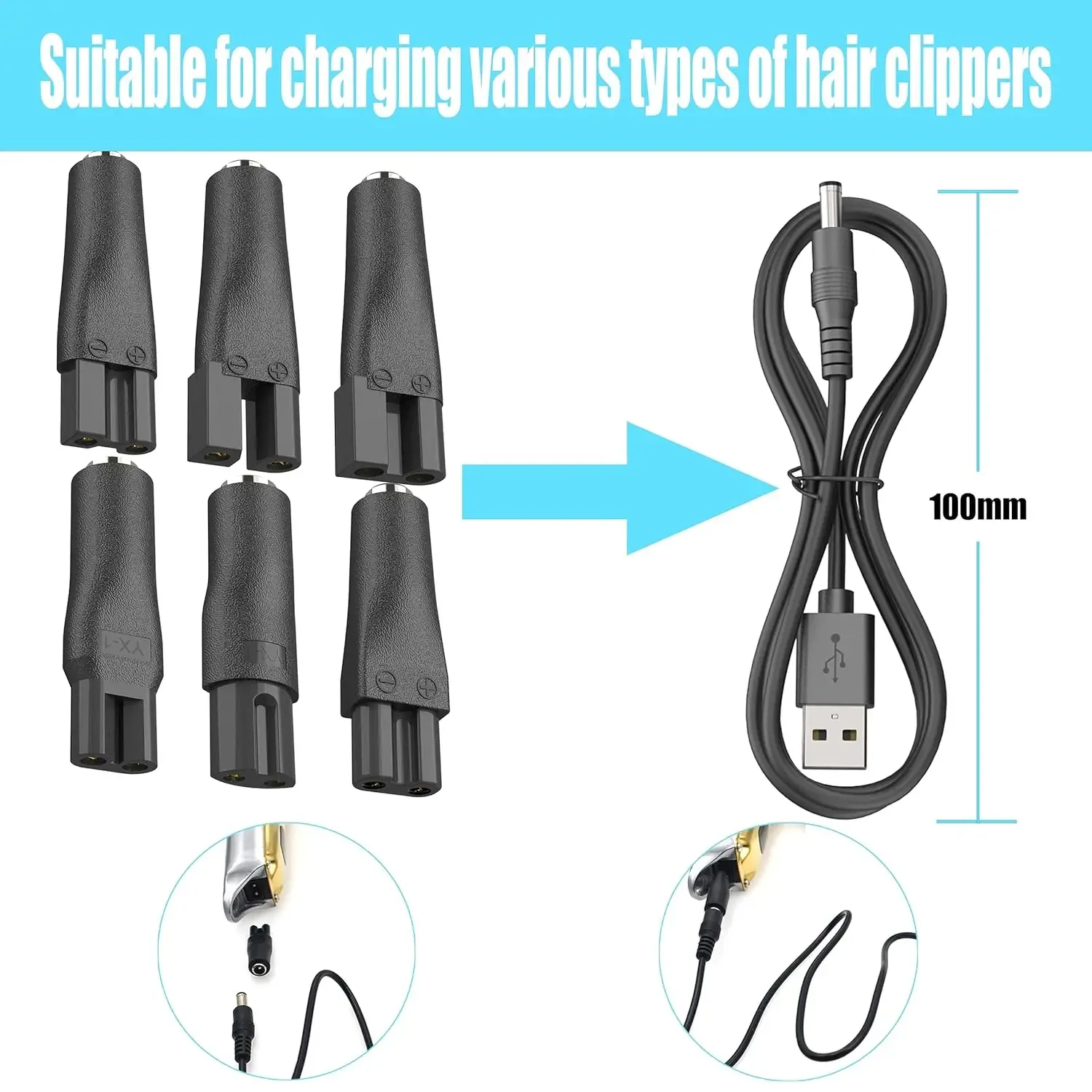 LISI Lot de 8 câbles d'alimentation 5 V, chargeur de remplacement universel avec adaptateur USB pour tondeuses à cheveux, tondeuses à barbe, rasoirs et lampes de bureau 6