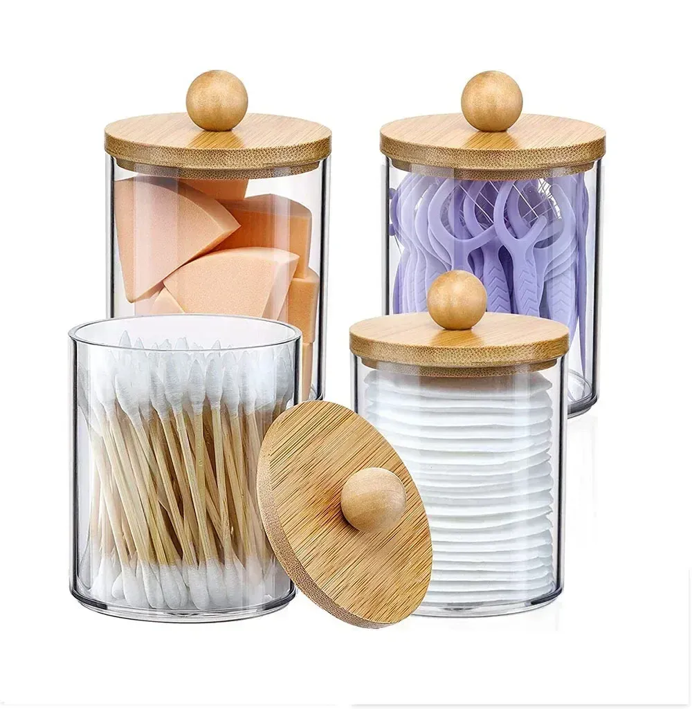 Support de rangement, pots d'apothicaire avec couvercle pour cotons-tiges, acrylique, cosmétiques, bonbons et collations, boîte de rangement de bureau 2