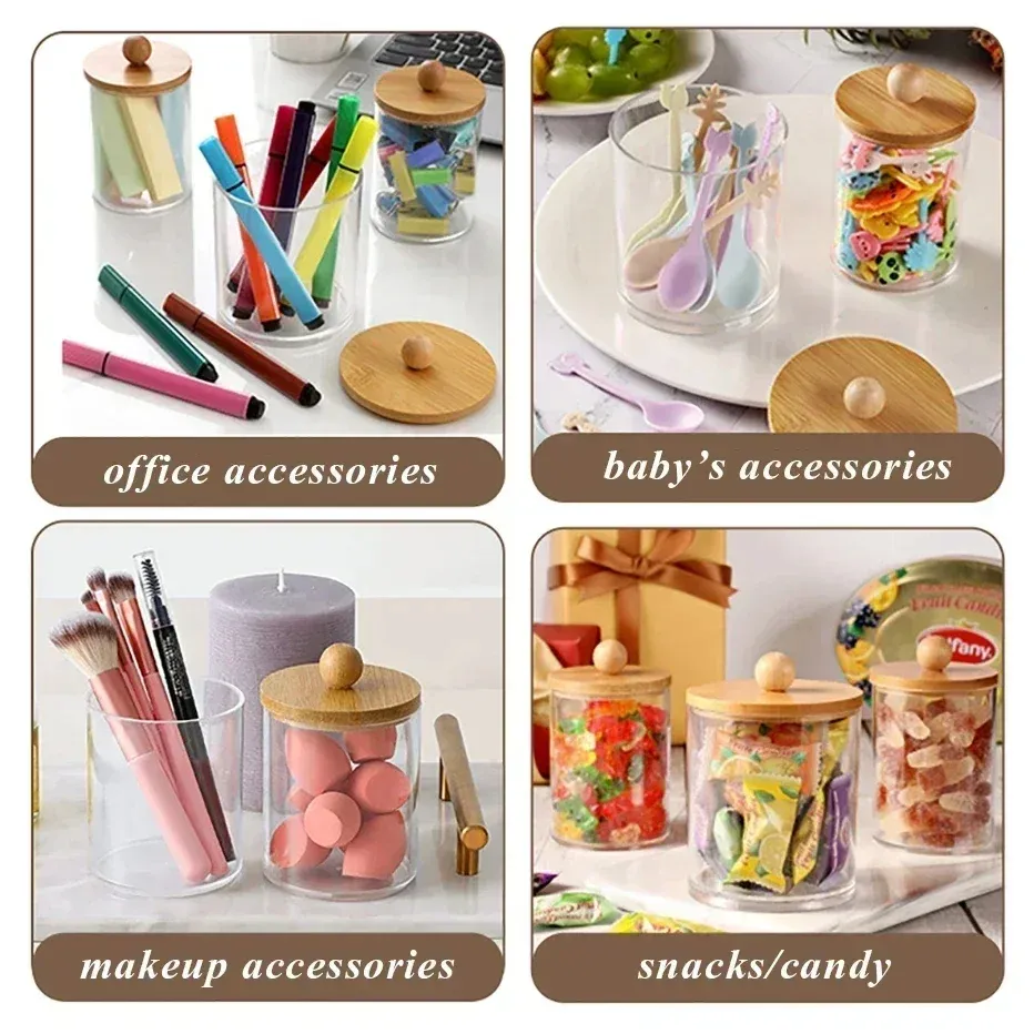 Support de rangement, pots d'apothicaire avec couvercle pour cotons-tiges, acrylique, cosmétiques, bonbons et collations, boîte de rangement de bureau 6