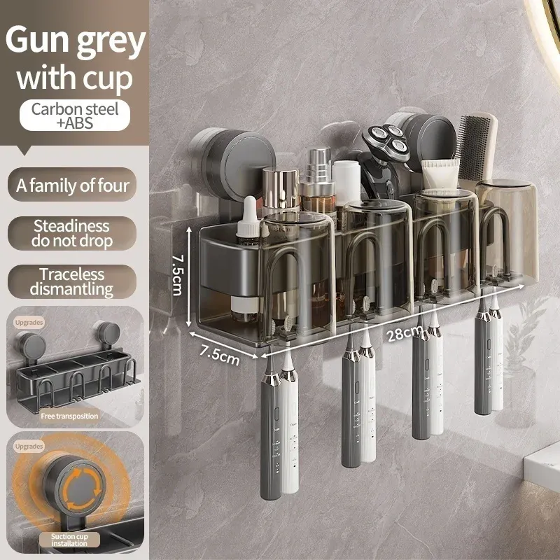 Porte-brosse à dents électrique mural sans perçage, fixation par ventouse, avec gobelet pour salle de bain 9