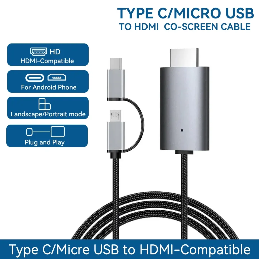 Câble adaptateur Micro USB et USB-C vers HDMI pour streaming HD, compatible miroir d'écran smartphone et tablette vers TV 8
