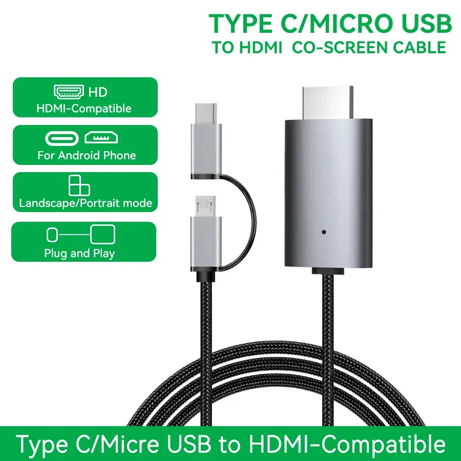 Câble adaptateur Micro USB et USB-C vers HDMI pour streaming HD, compatible miroir d'écran smartphone et tablette vers TV 7