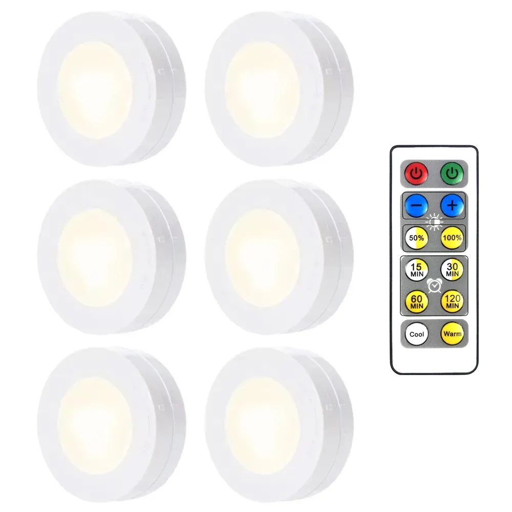 Puck lumineux LED sans fil sous meuble avec télécommande, veilleuse à intensité variable, fonctionnement sur piles, pour placard de cuisine et garde-robe - Image 1