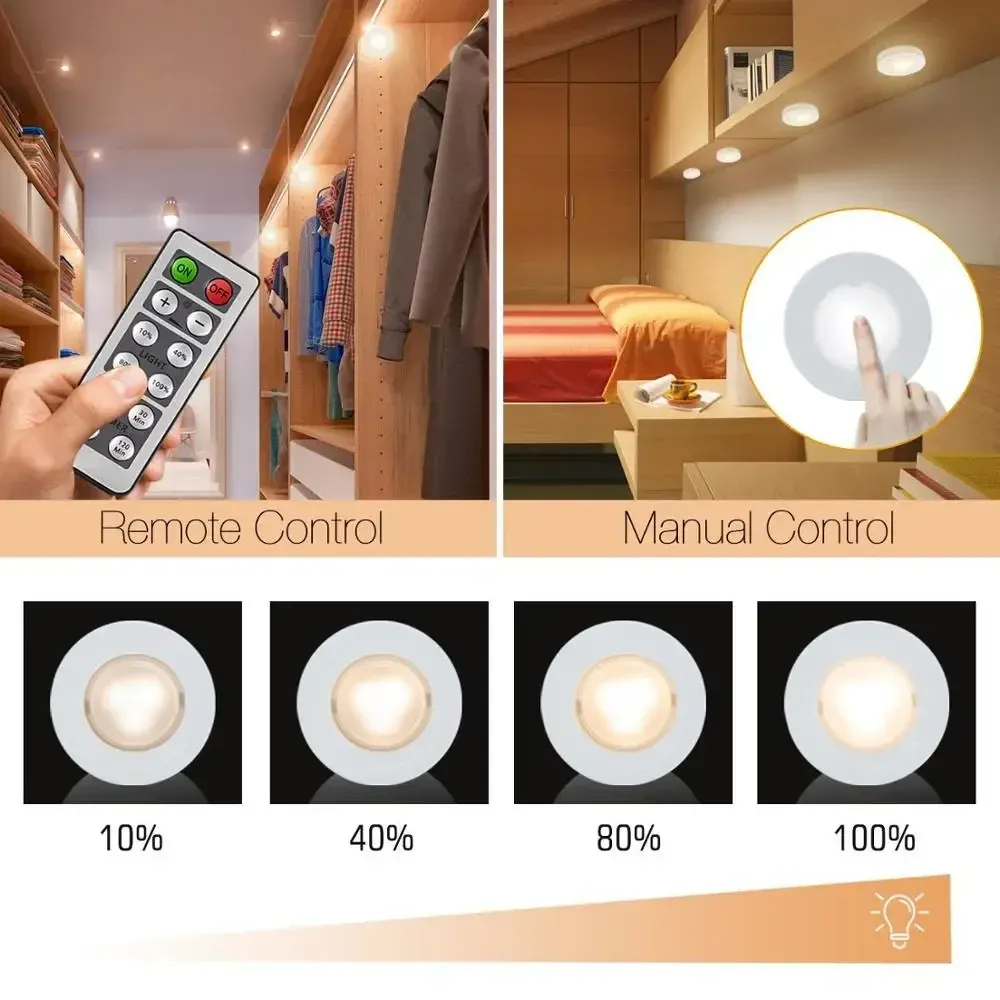 Puck lumineux LED sans fil sous meuble avec télécommande, veilleuse à intensité variable, fonctionnement sur piles, pour placard de cuisine et garde-robe 3
