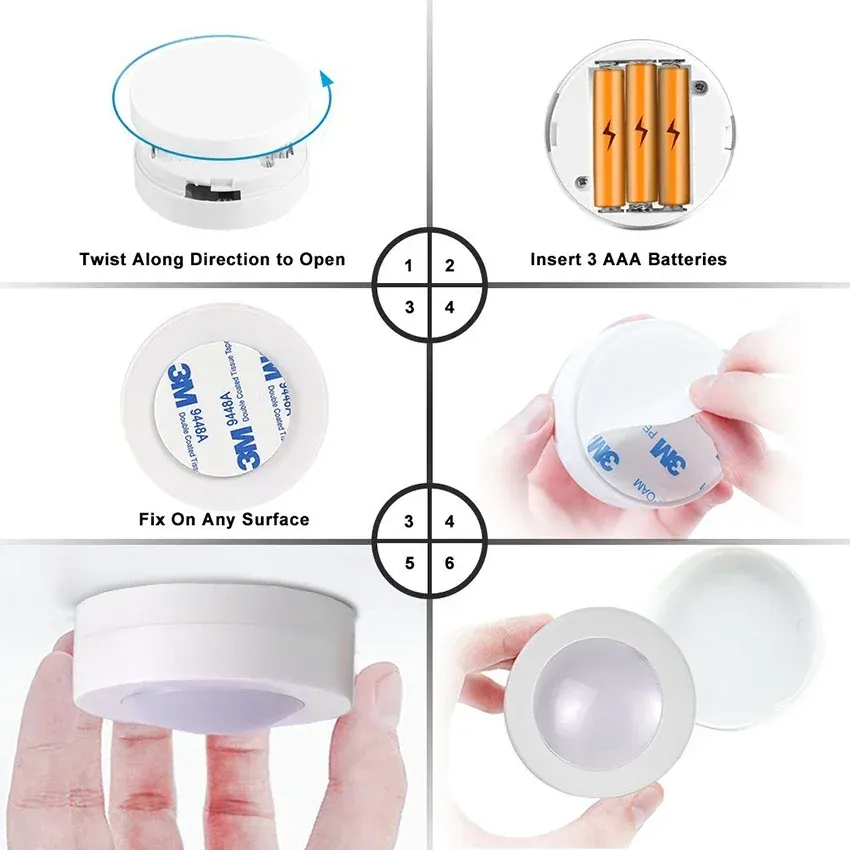 Puck lumineux LED sans fil sous meuble avec télécommande, veilleuse à intensité variable, fonctionnement sur piles, pour placard de cuisine et garde-robe 4