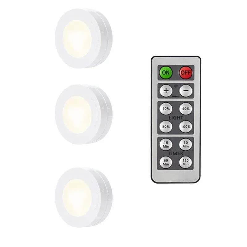 Puck lumineux LED sans fil sous meuble avec télécommande, veilleuse à intensité variable, fonctionnement sur piles, pour placard de cuisine et garde-robe 7
