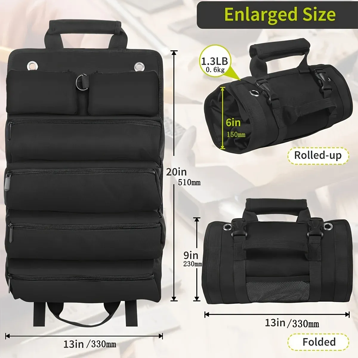 Organisateur de sac à outils compact avec pochettes amovibles, organisateur enroulable robuste avec 6 poches à outils 5