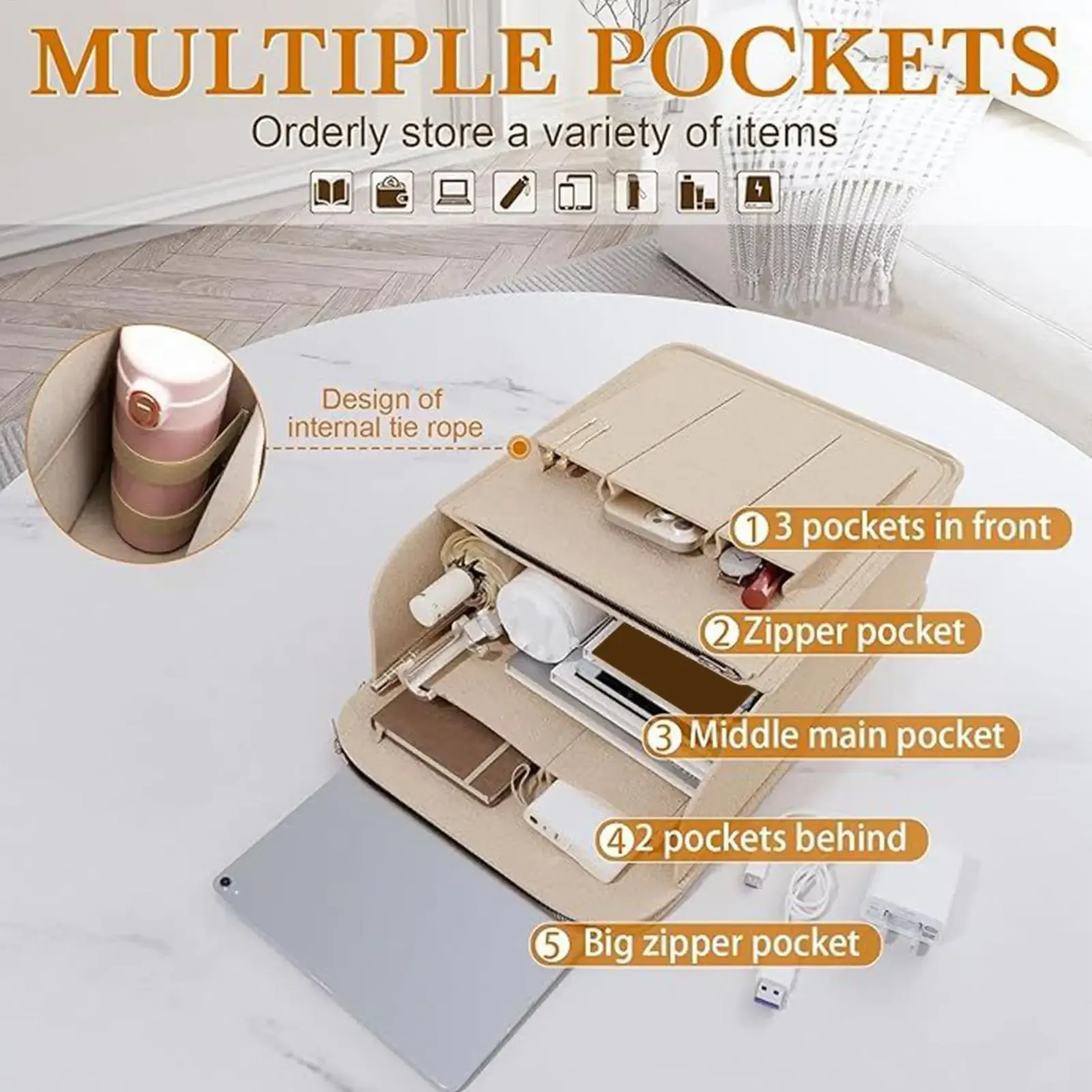 Organisateur de sac à dos, pochette de rangement portable à grande capacité, pochette multi-poches pour sac à dos, pochette de rangement pour cosmétiques et téléphone 4