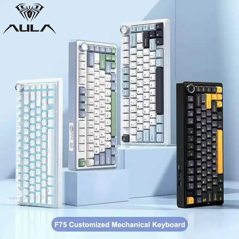 AULA F75 Clavier mécanique de jeu sans fil 2.4G / Bluetooth / filaire, RVB, personnalisable, disposition 75 %, montage à joint, profil OEM