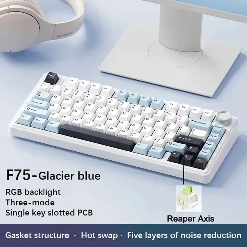 AULA F75 Clavier mécanique de jeu sans fil 2.4G / Bluetooth / filaire, RVB, personnalisable, disposition 75 %, montage à joint, profil OEM 13